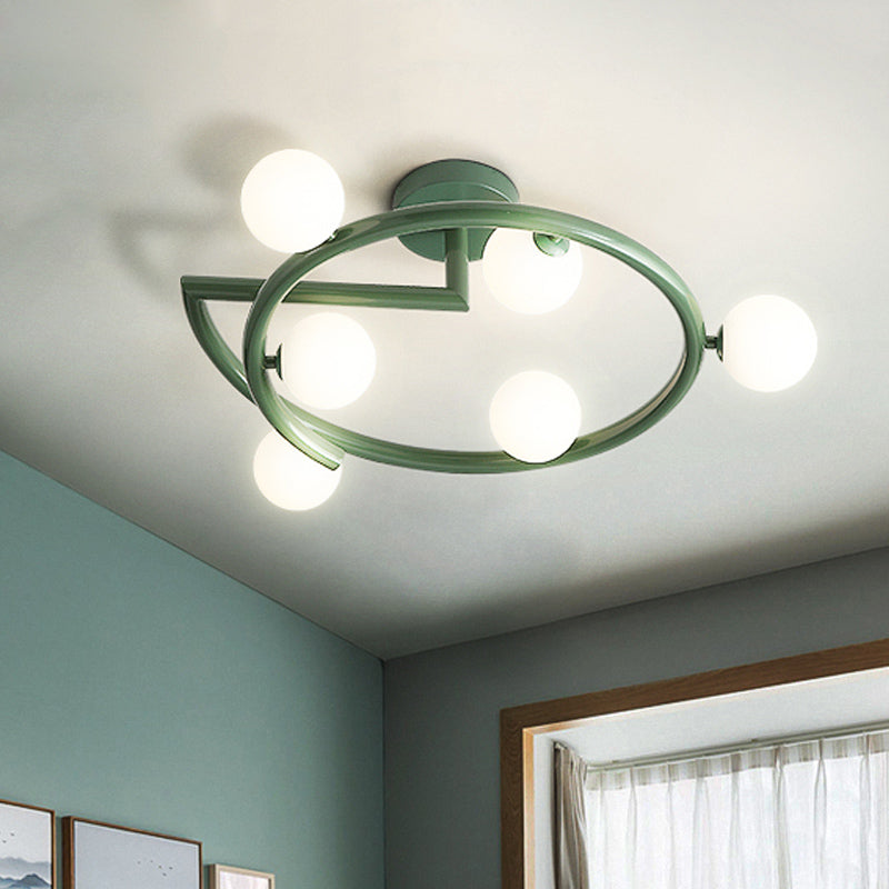 Milk Glass Bubble Flush Light Nordic 6 Heads Green Semi-Flush Ceiling Light with Swirled Arm