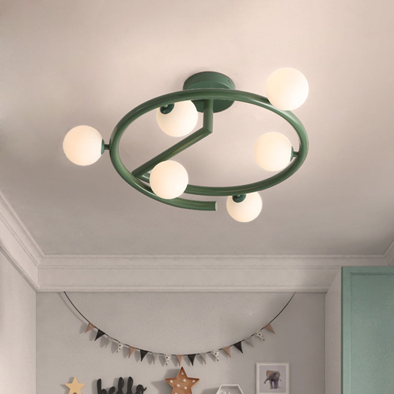 Milk Glass Bubble Flush Light Nordic 6 Heads Green Semi-Flush Ceiling Light with Swirled Arm