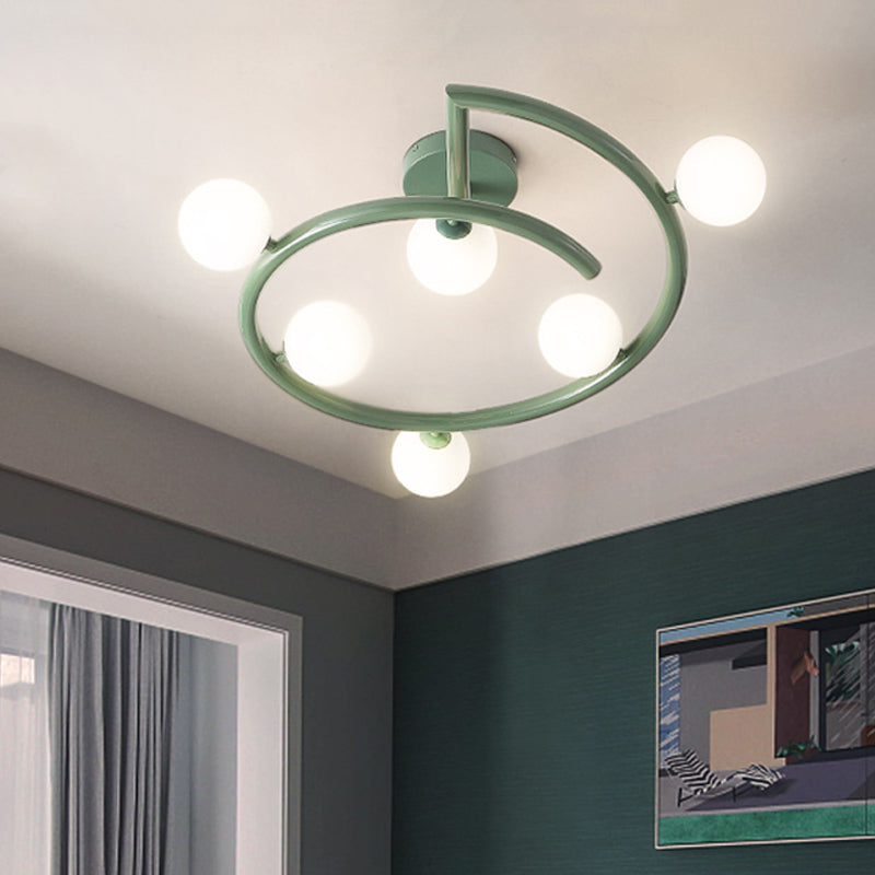 Milk Glass Bubble Flush Light Nordic 6 Heads Green Semi-Flush Ceiling Light with Swirled Arm