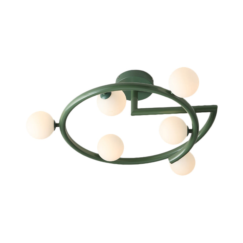 Milk Glass Bubble Flush Light Nordic 6 Heads Green Semi-Flush Ceiling Light with Swirled Arm