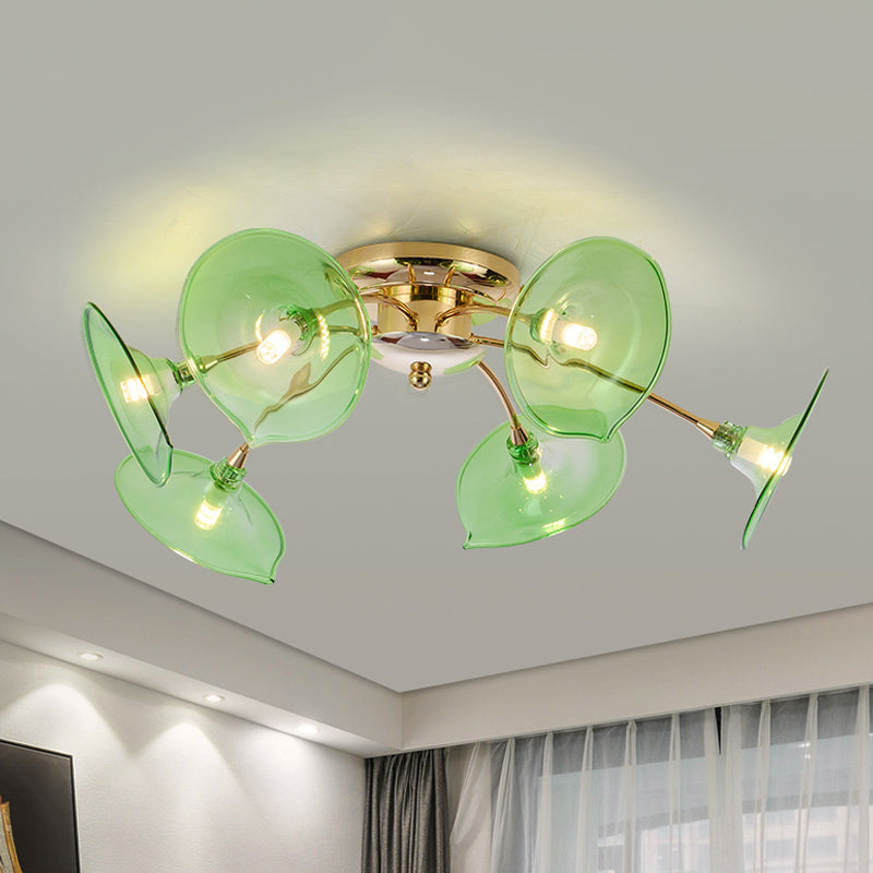 Vintage 6 luci lampada a soffitto in metallo ramo in ottone lampada semiflush con sfumatura di vetro verde flare/cognac