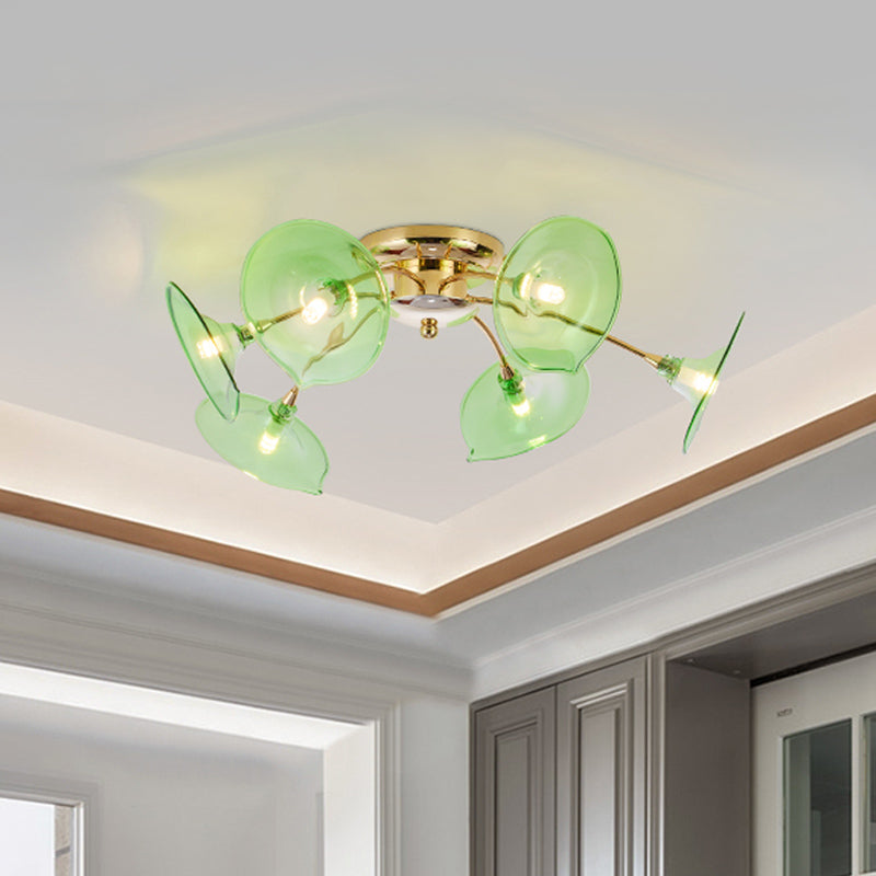 Vintage 6 luci lampada a soffitto in metallo ramo in ottone lampada semiflush con sfumatura di vetro verde flare/cognac