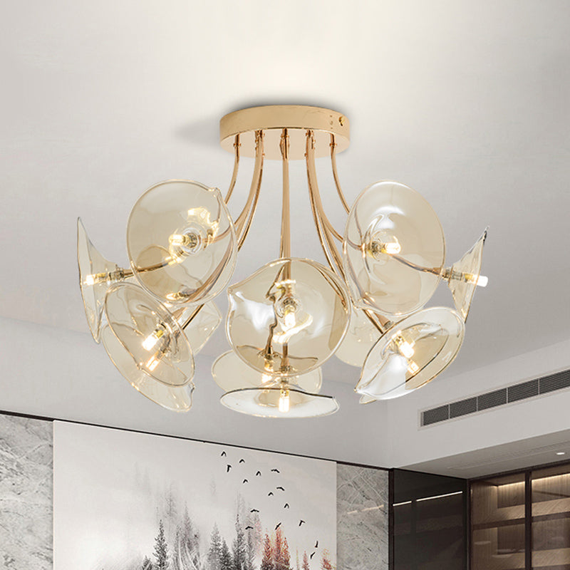 Breites Flackern Bernsteinglas Halbflush leichte Mitte des Jahrhunderts 13 Lampenlampen Gold Finish Decke für Wohnzimmer