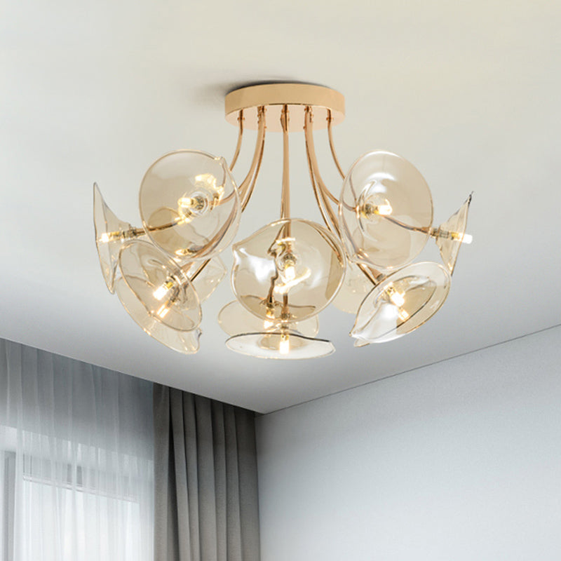 Breites Flackern Bernsteinglas Halbflush leichte Mitte des Jahrhunderts 13 Lampenlampen Gold Finish Decke für Wohnzimmer