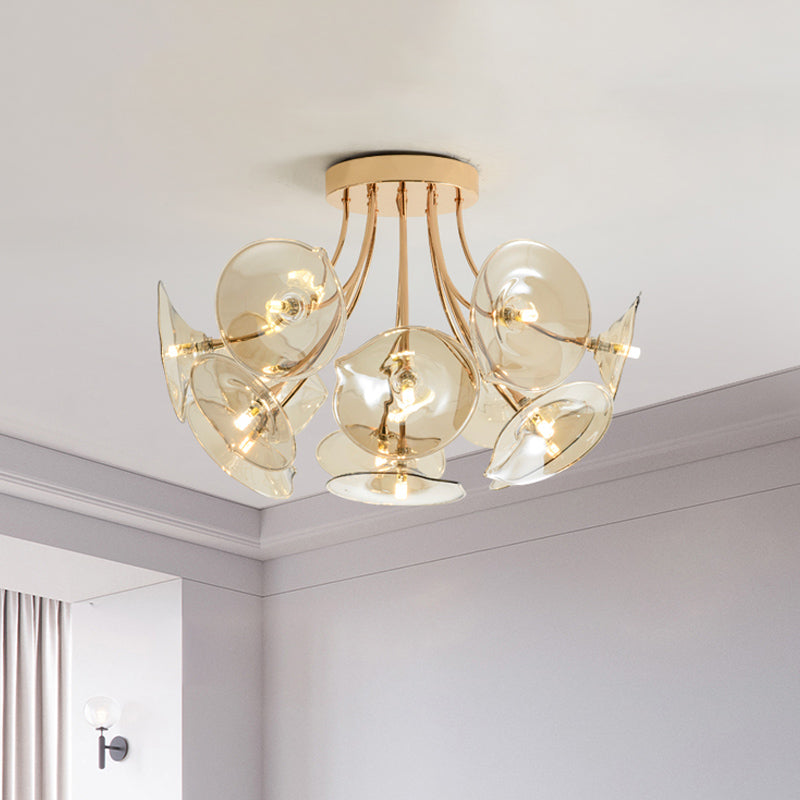 Breites Flackern Bernsteinglas Halbflush leichte Mitte des Jahrhunderts 13 Lampenlampen Gold Finish Decke für Wohnzimmer