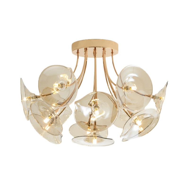 Wide Flare Amber Glass Semi Flush Light Mid-Century 13 Bulbs Gold Finish Ceiling Fixture for Living Room