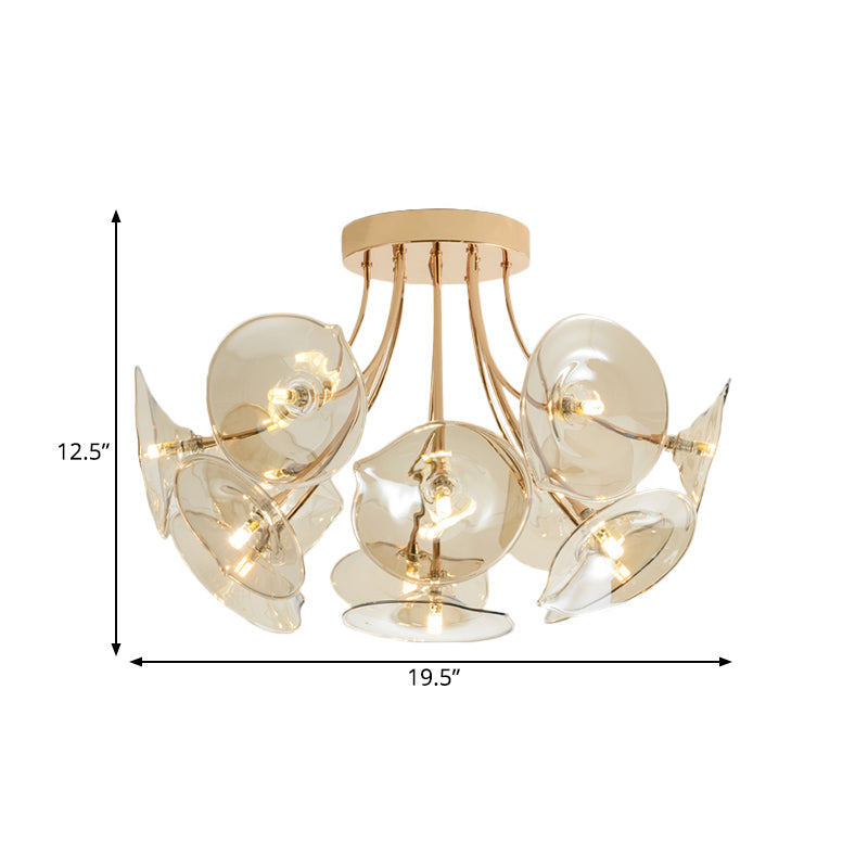 Wide Flare Amber Glass Semi Flush Light Mid-Century 13 Bulbs Gold Finish Ceiling Fixture for Living Room