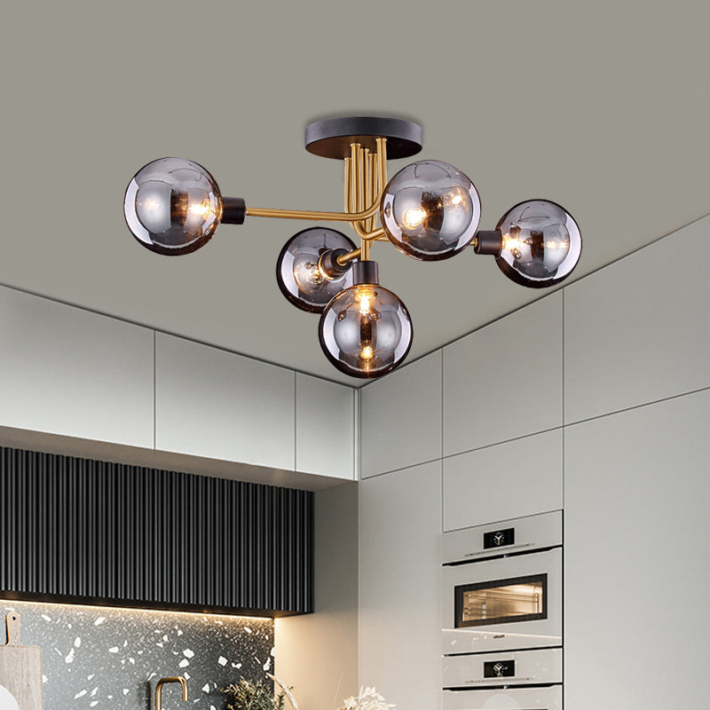 Branching Kitchen Ceiling Fixture Smoke Closed Glass 5 Bulbs Retro Style Semi Flush Mount Light in Brass