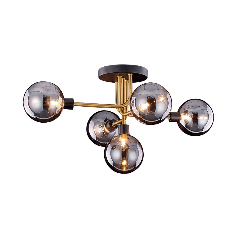 Branching Kitchen Ceiling Fixture Smoke Closed Glass 5 Bulbs Retro Style Semi Flush Mount Light in Brass