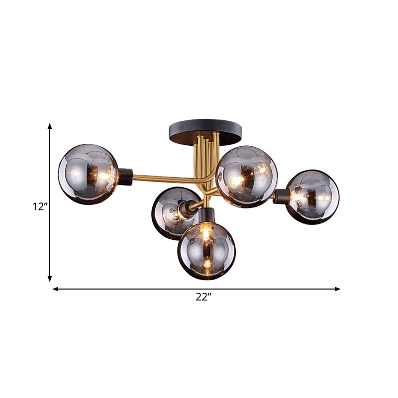 Branching Kitchen Ceiling Fixture Smoke Closed Glass 5 Bulbs Retro Style Semi Flush Mount Light in Brass