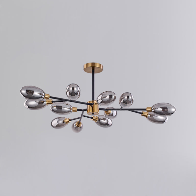 12-Bulb Parlor Close to Ceiling Light Vintage Brass Semi Mount Lighting with Ellipse Smoke Grey Glass Shade