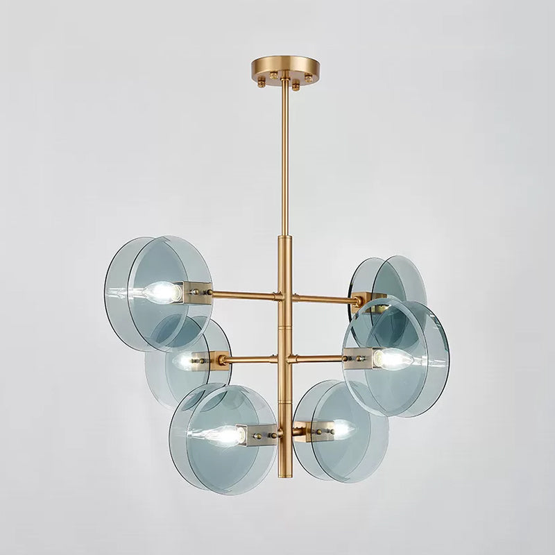 Mid Century 6 Bulbes Chandelier Blue Verre en laiton à deux niveaux Plafond Plafond Light