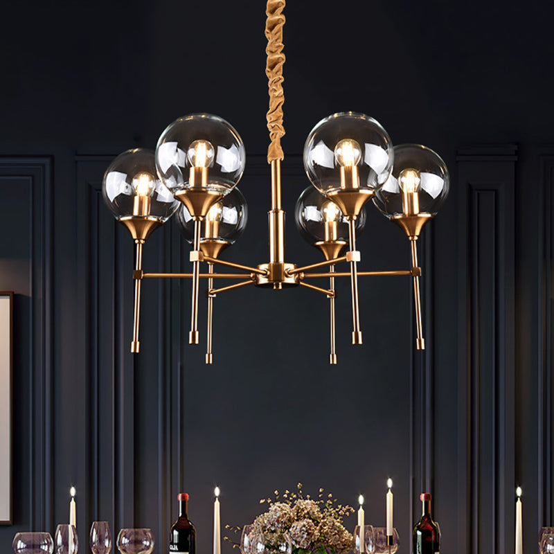 Brass Burst Style Suspension Lamp Retro 6 Heads Clear Glass Chandelier over Dining Table