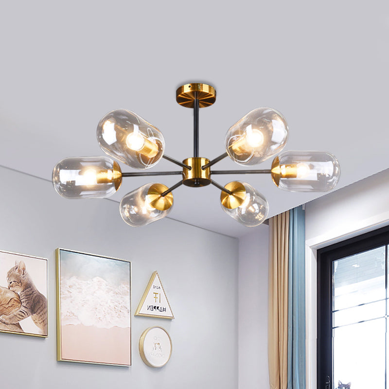 Postmodern 6 Lights Semi Flush Mount Clear Glass Brass Pill Capsule Ceiling Lamp over Dining Table