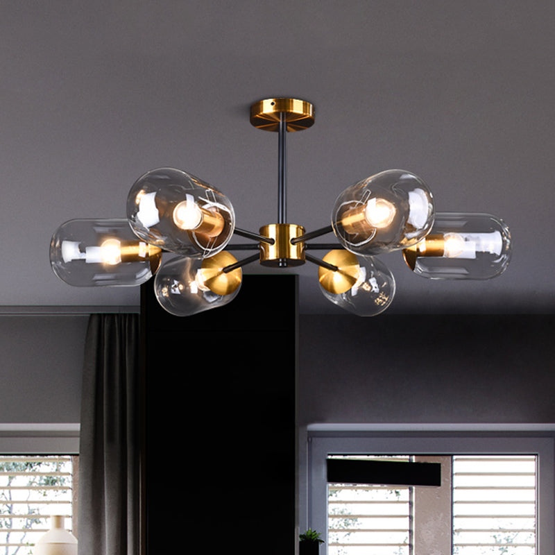 Postmodern 6 Lights Semi Flush Mount Clear Glass Brass Pill Capsule Ceiling Lamp over Dining Table