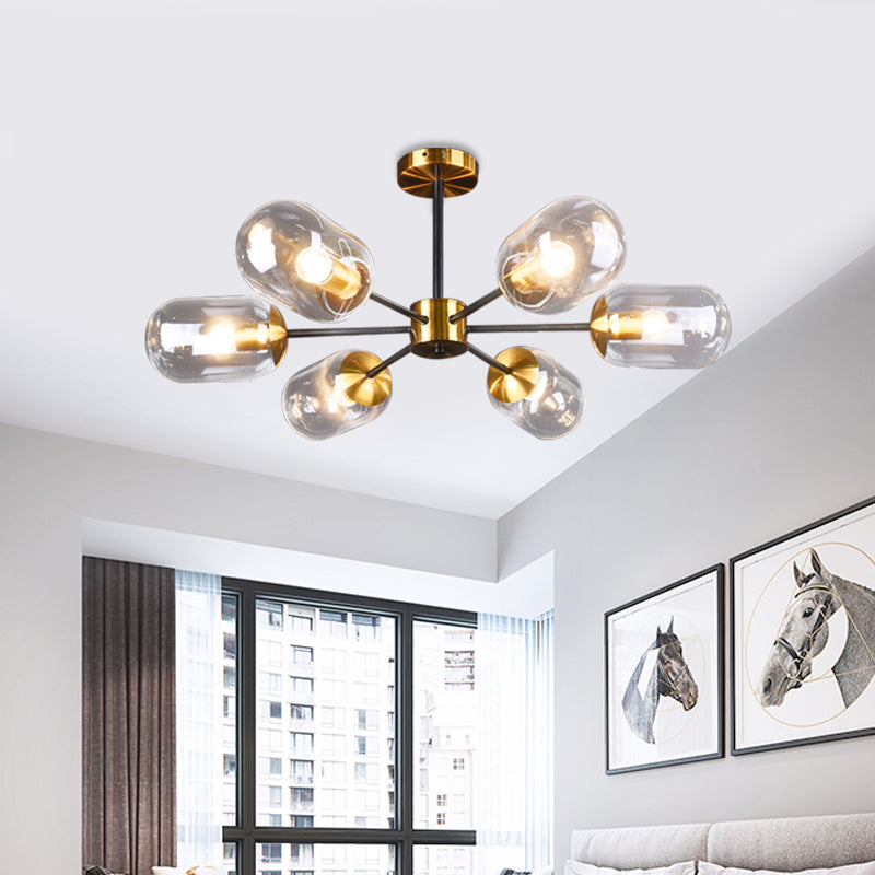 Postmodern 6 Lights Semi Flush Mount Clear Glass Brass Pill Capsule Ceiling Lamp over Dining Table