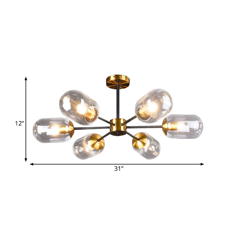 Postmodern 6 Lights Semi Flush Mount Clear Glass Brass Pill Capsule Ceiling Lamp over Dining Table