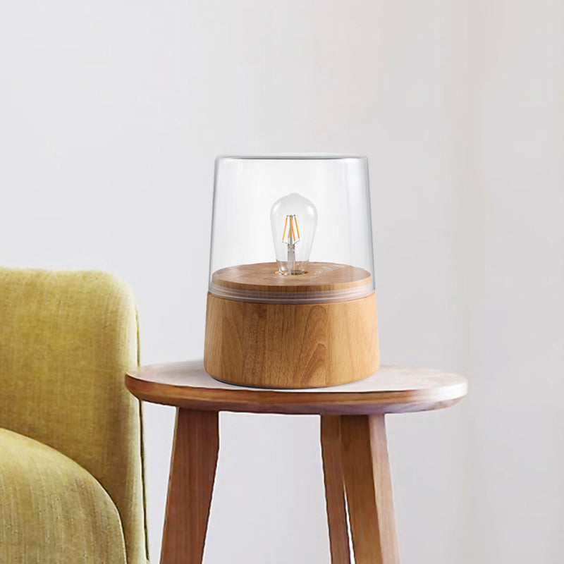 Translucent Glass Jar Table Lighting Nordic 1 Light Nightstand Lamp with Wood Round Pedestal