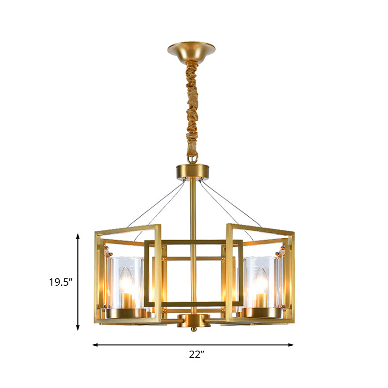 Luxury Cylinder Chandelier Pendant Light 4/6-Head Clear Glass Hanging Lamp in Gold with Rectangle Metal Cage