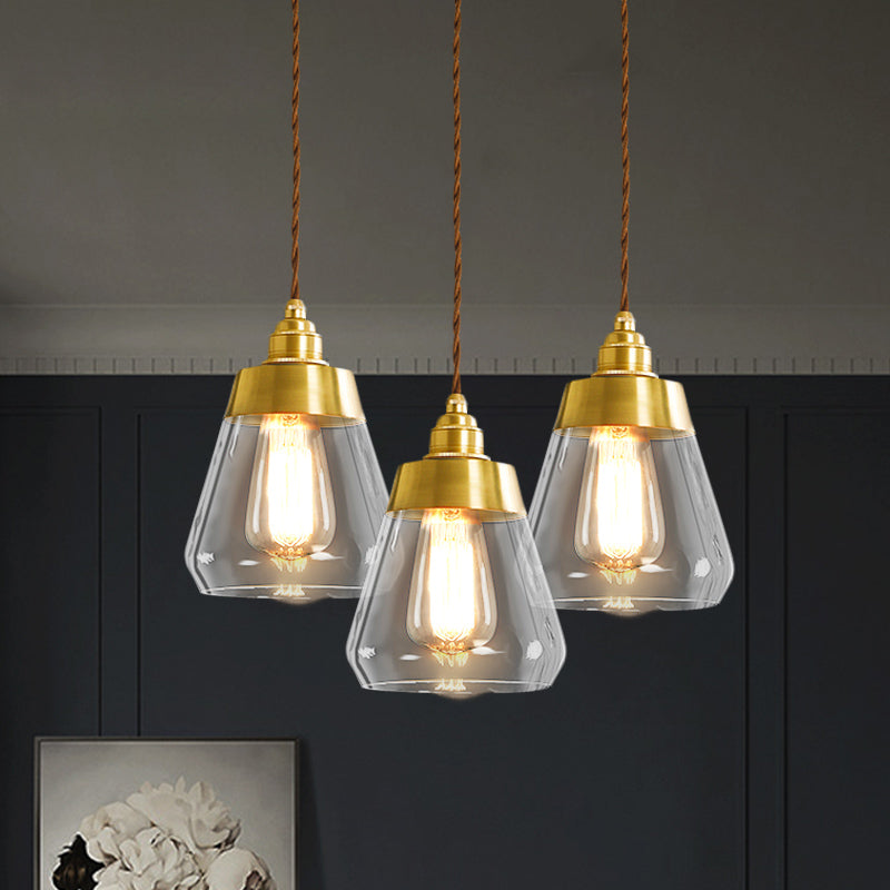 Luxe taps toelopende multi -light hanger 2/3 koppen helder glas hangende lamp in goud met ronde/lineaire luifel