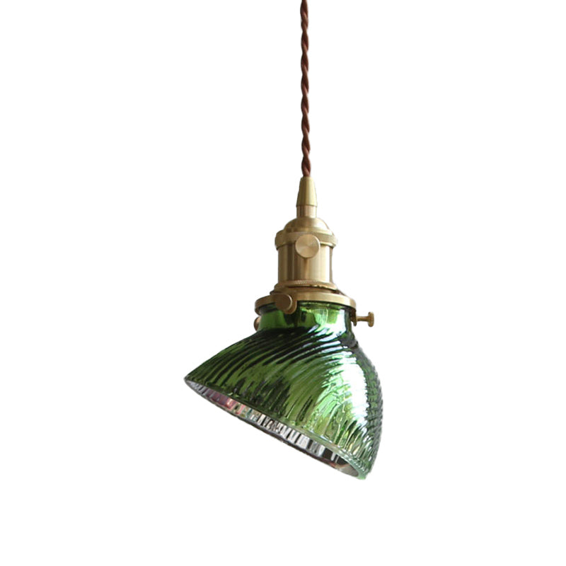 Twisted Bowl Restaurant Hanglamp Colonial Clear/Green Prismatic Glass 1 Licht koperen hanglampje