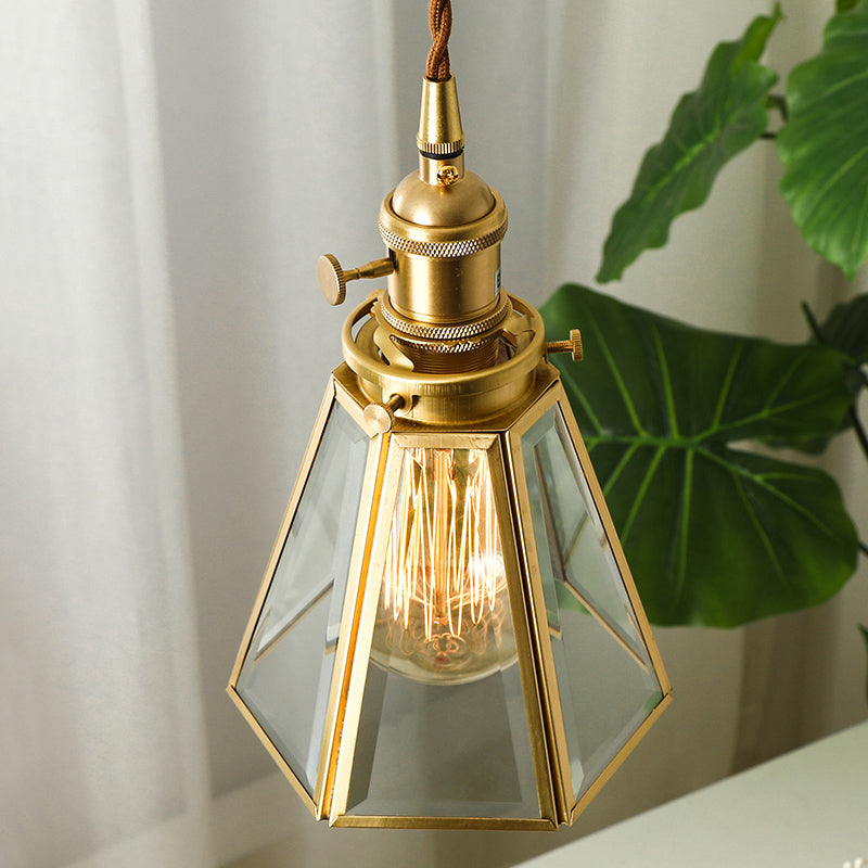 Lampe à suspension effilée en verre transparent Colonialiste 1 Bulbe Restaurant Pendre Lumière en or