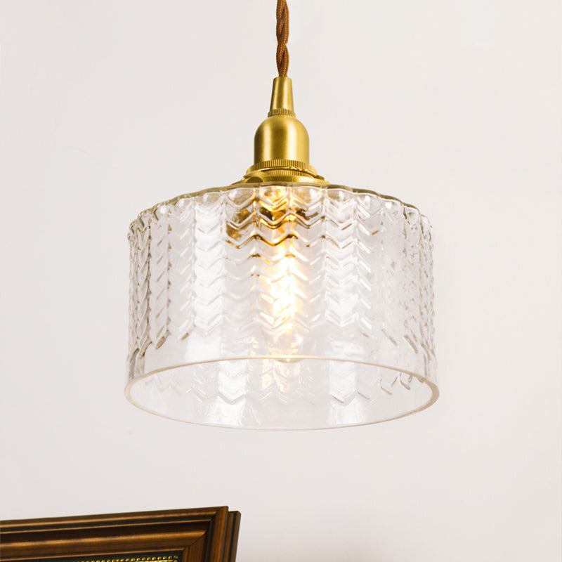 Drum Clear Textured Glass Pendant Colonialist 6"/8" W 1 Head Living Room Hanging Ceiling Light in Gold