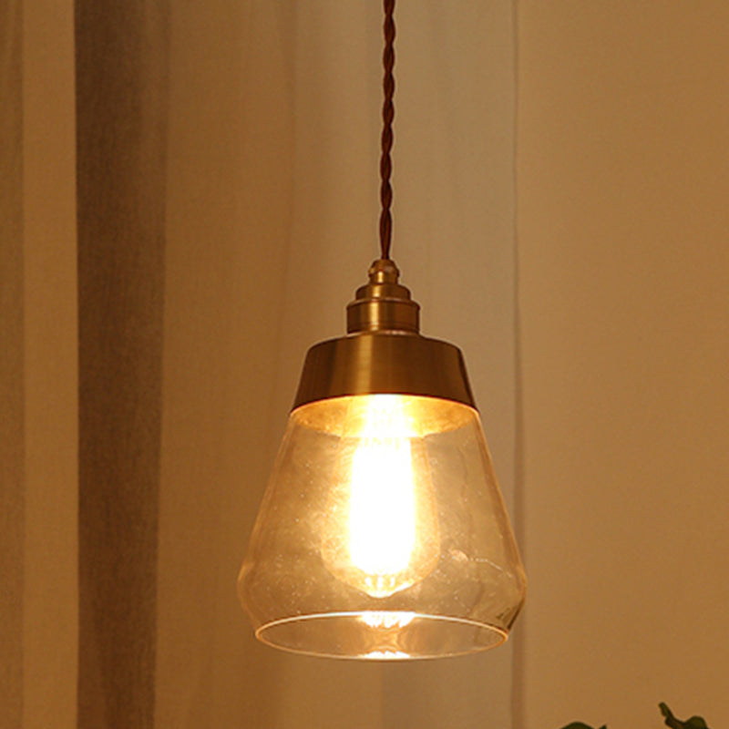 1 Bulb Down Lighting Pendant Colonial Restaurant Drop Lamp with Cone Clear Glass Shade in Gold