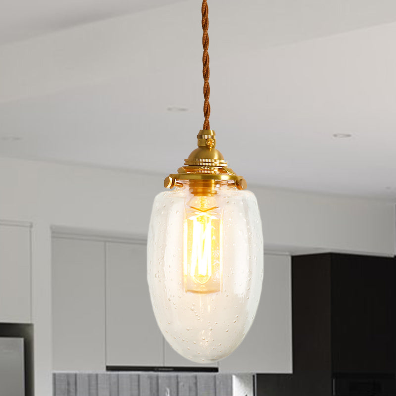 Gold 1-Light Ceiling Lamp Colonial Clear Crackle/Bubble Glass Globe/Oval/Cylinder Suspended Lighting Fixture for Bedroom