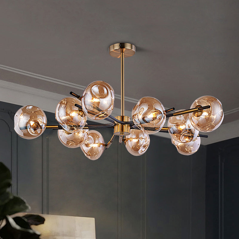 Radial Flush Chandelier Vintage Amber/Smoke Grey Dimpled Glass 10 Lights Living Room Semi Flush Mount Ceiling Light