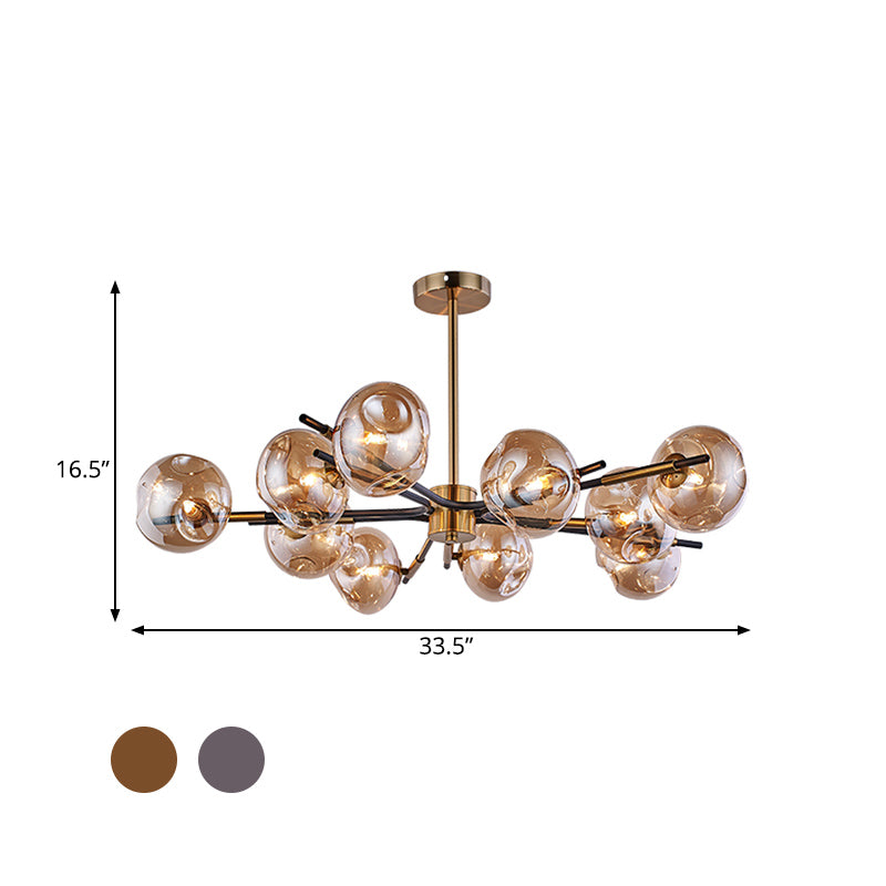 Radial Flush Chandelier Vintage Amber/Smoke Grey Dimpled Glass 10 Lights Living Room Semi Flush Mount Ceiling Light