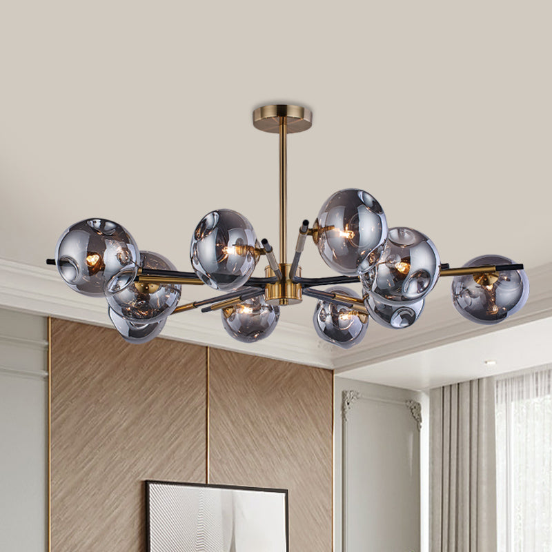 Radial Flush Chandelier Vintage Amber/Smoke Grey Dimpled Glass 10 Lights Living Room Semi Flush Mount Ceiling Light