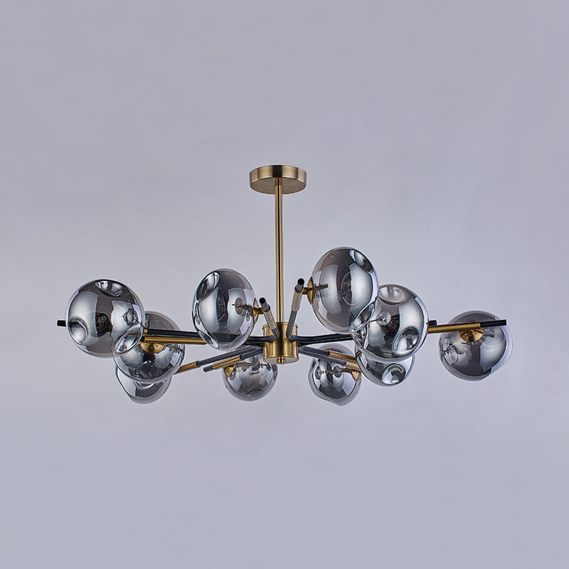 Radial Flush Chandelier Vintage Amber/Smoke Grey Dimpled Glass 10 Lights Living Room Semi Flush Mount Ceiling Light