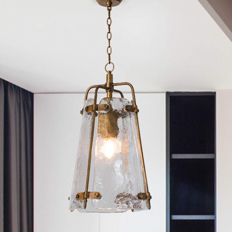 Traditional Conical Suspended Lighting Fixture 1 Bulb Clear Ripple Glass Pendant in Gold with Metal Cage