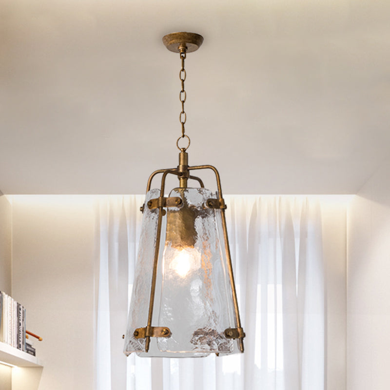 Traditional Conical Suspended Lighting Fixture 1 Bulb Clear Ripple Glass Pendant in Gold with Metal Cage