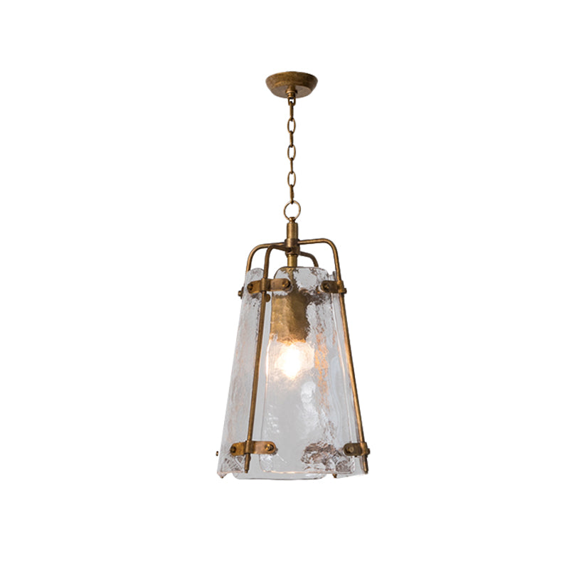 Traditional Conical Suspended Lighting Fixture 1 Bulb Clear Ripple Glass Pendant in Gold with Metal Cage