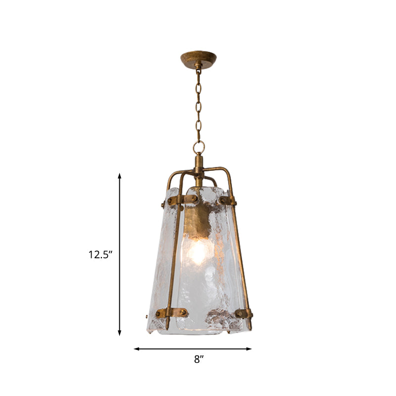 Traditional Conical Suspended Lighting Fixture 1 Bulb Clear Ripple Glass Pendant in Gold with Metal Cage