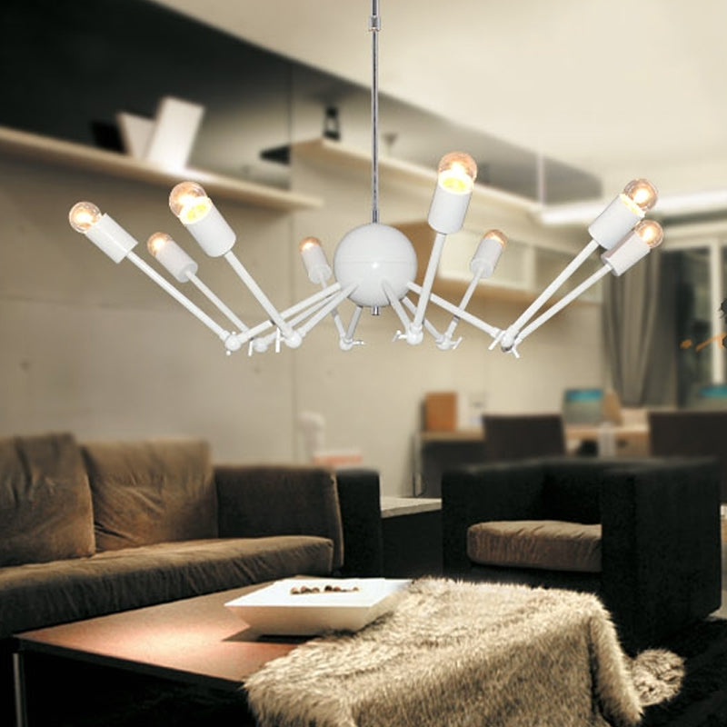 White Extendable Spider Chandelier Modernist 8-Bulb Iron Pendant Light with Open Bulb Design