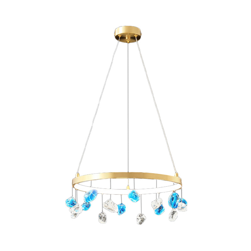 Mid Century Circle LED Chandelier Metal Lounge Pendant Lighting in Gold with Colored Gem Droplet, 16"/19.5" Wide