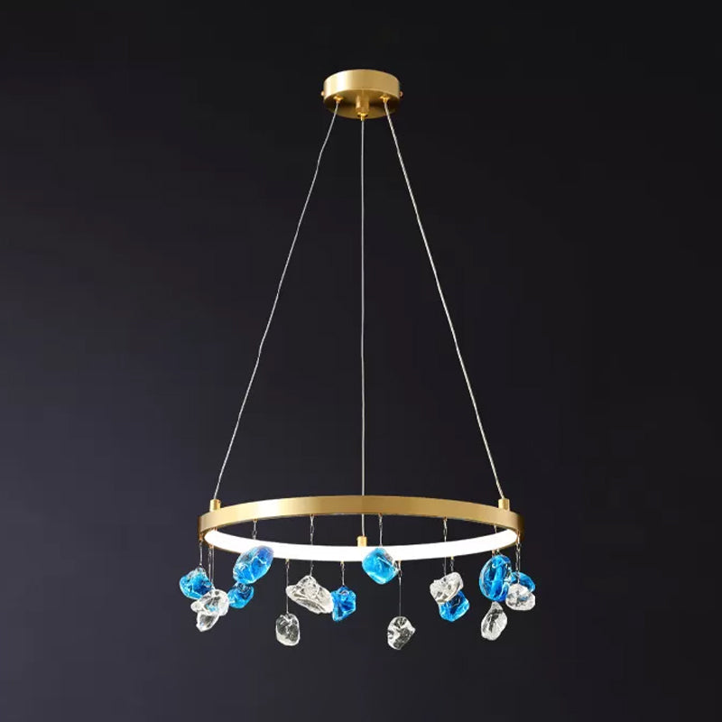 Mid Century Circle LED Chandelier Metal Lounge Pendant Lighting in Gold with Colored Gem Droplet, 16"/19.5" Wide