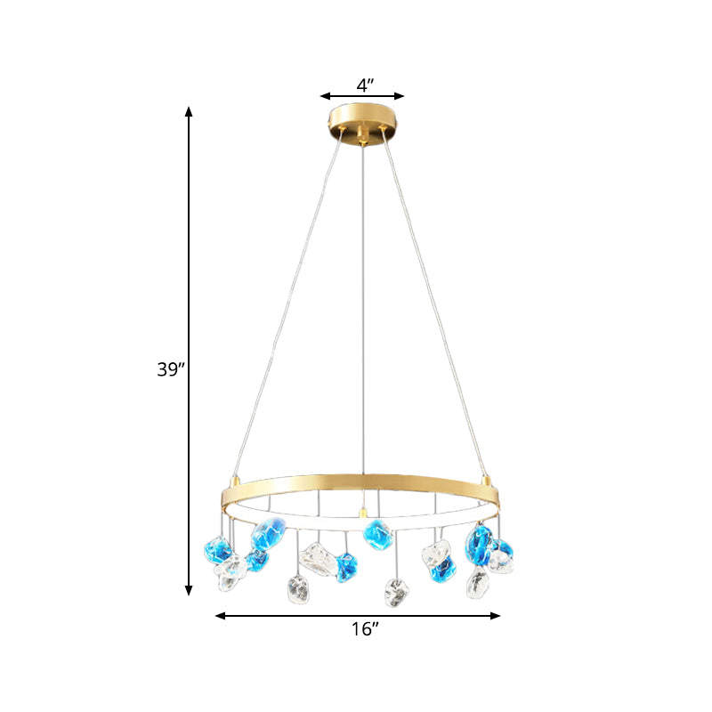 Mid Century Circle LED Chandelier Metal Lounge Pendant Lighting in Gold with Colored Gem Droplet, 16"/19.5" Wide