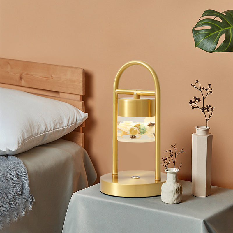 Cylinder Portable Touch Table Lamp Retro Novelty Acrylic Brass LED Night Light with Handle and Seashell Decor Inside