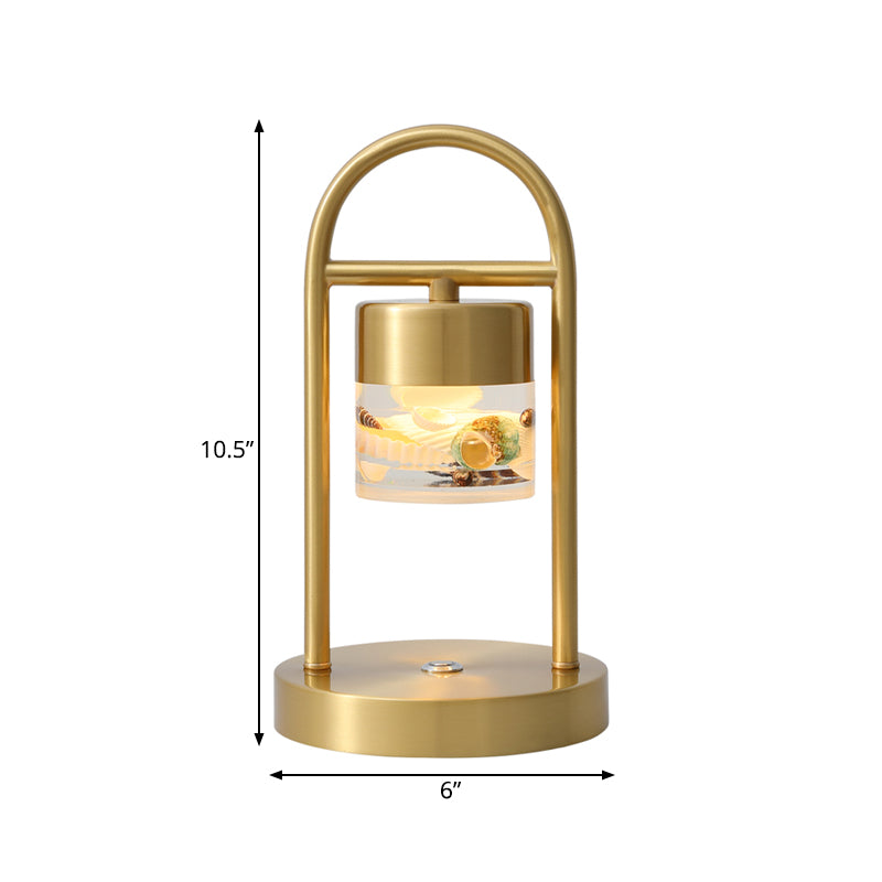 Cylinder Portable Touch Table Lamp Retro Novelty Acrylic Brass LED Night Light with Handle and Seashell Decor Inside