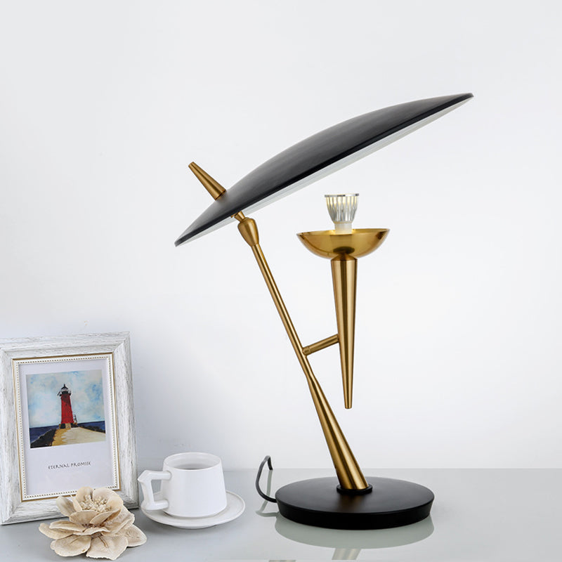 Postmodern Oblique Table Light Metallic Single Bulb Bedroom Night Lamp with Flat Lampshade in Black-Brass