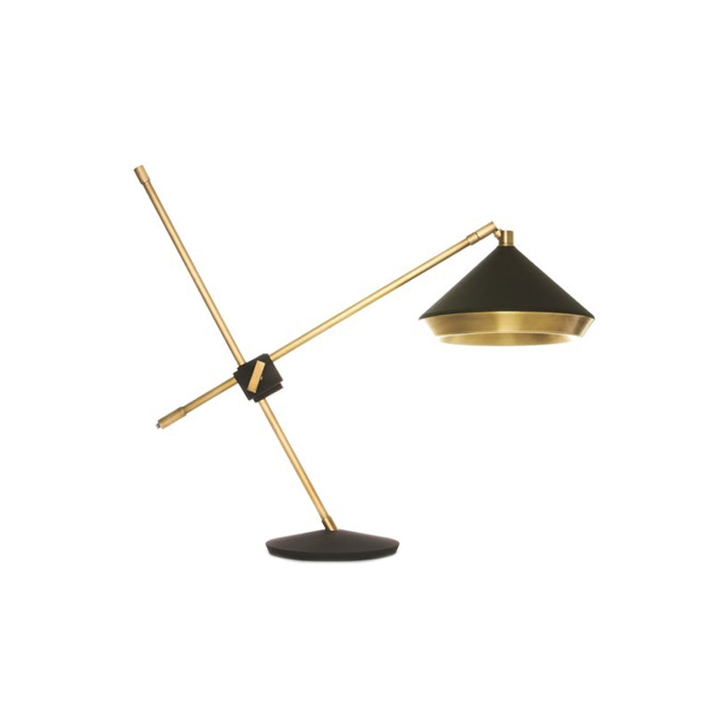 Iron Rotating Cross Arm Study Lamp Antiqued 1 Light Study Desk Lighting in Brass with Black/White Cone Shade