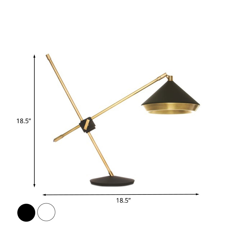 Iron Rotating Cross Arm Study Lamp Antiqued 1 Light Study Desk Lighting in Brass with Black/White Cone Shade