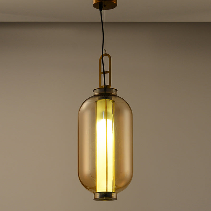 12.5"/19" H Gold Single Pendulum Light Retro Amber Glass Sphere/Ellipse/Oblong Suspension Lamp with Tube Frame Insert