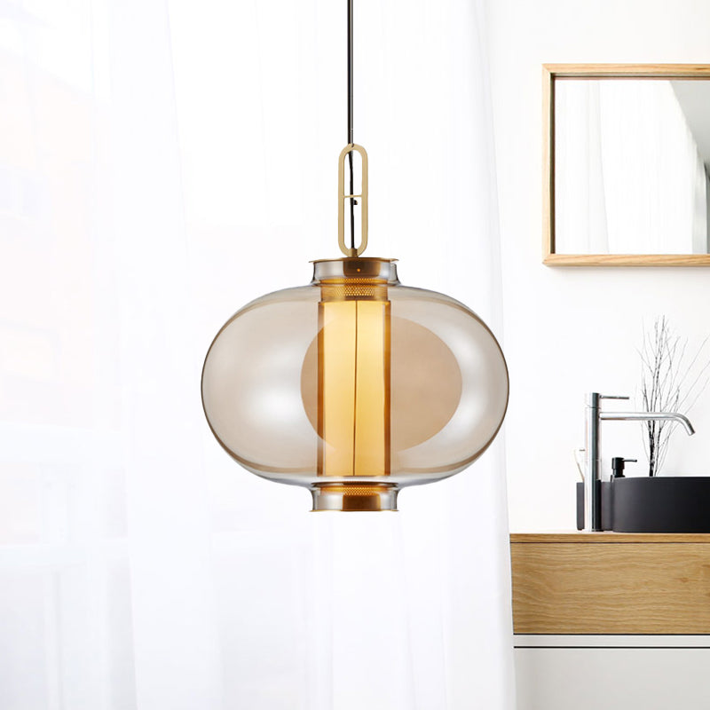 12.5"/19" H Gold Single Pendulum Light Retro Amber Glass Sphere/Ellipse/Oblong Suspension Lamp with Tube Frame Insert