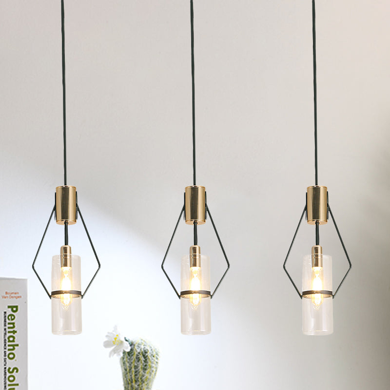 Gold 3-Light Multi Hanging Light Vintage Metal Diamond Frame Pendant Lamp with Tube Glass Shade and Round/Linear Canopy