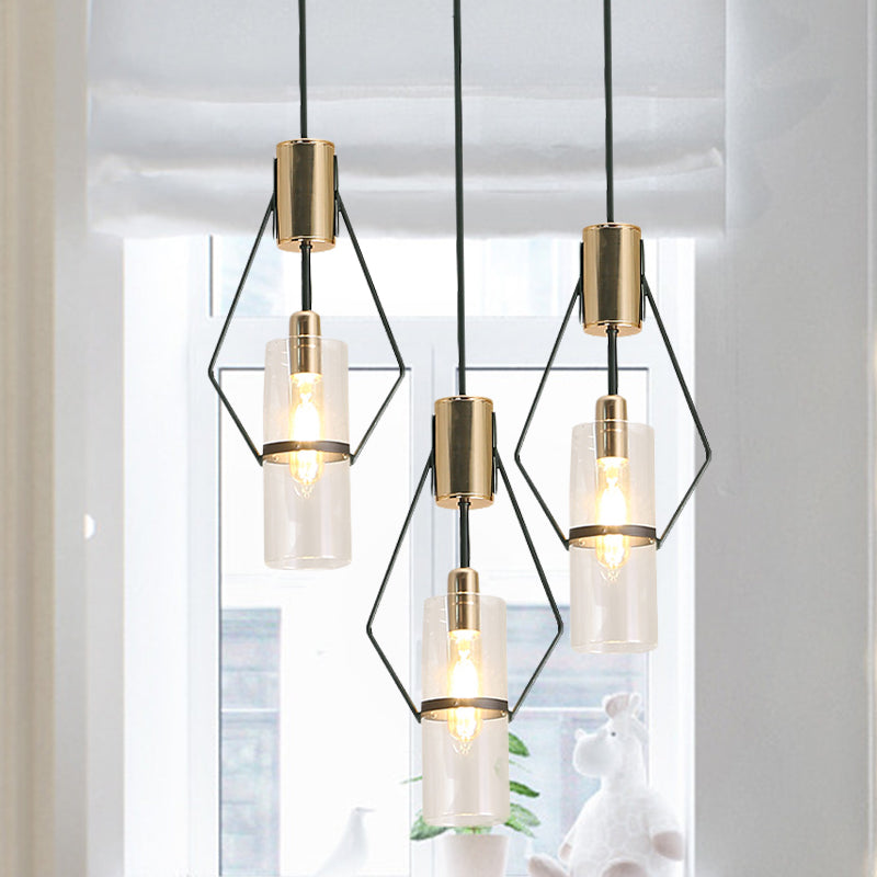 Gold 3-Light Multi Hanging Light Vintage Metal Diamond Frame Pendant Lamp with Tube Glass Shade and Round/Linear Canopy